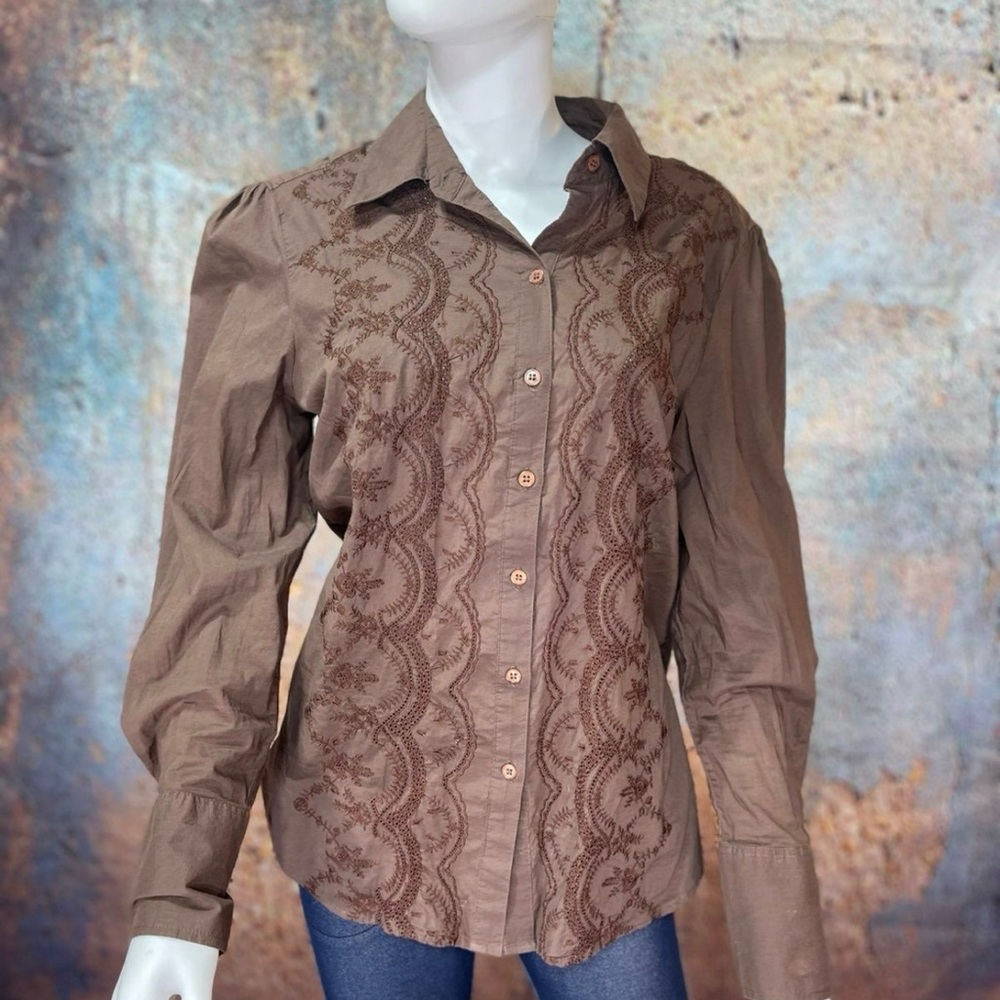 NWOT Embroidered Brown Women's Button Up Top